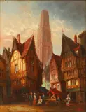 Henry Schafer, Figures in a market place with a cathedral in the distance; and companion, oil on board (a pair)