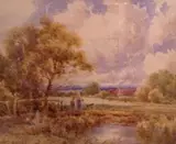 Figures and a dog walking in a country landscape by Henry H. Parker, watercolour, sold Apr 2015