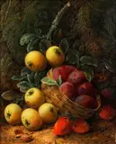 Plums in a basket, apples and strawberries against a mossy bank by George Clare, oil on canvas, sold Apr 2015