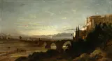 River landscape with Italianate buildings, a stone viaduct and figures by Hopkins Horsley Hobday Horsley, oil on canvas,, sold Apr 2015