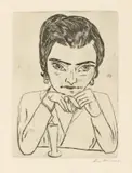 Bildnis Naila mit aufgestützten Armen und Glas by Max Beckmann, 1923, Kaltnadel auf festem Velin, sold Nov 2018