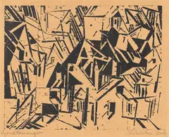 Sächsisches Dorf by Lyonel Feininger, 1918, Holzschnitt auf bräunlichem Japan, sold Jun 2016