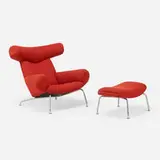 Hans J. Wegner, Ox chair and ottoman, chrome-plated steel, Knoll wool upholstery