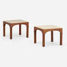 John Keal, Occasional tables, pair, c. 1955, mahogany, limestone