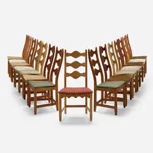 Dining chairs, set of 15 by Henning Kjaernulf, c. 1955, oak, upholstery, sold Aug 2023