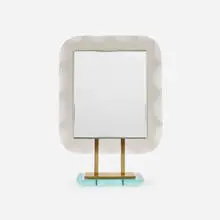 Table mirror by attribution Arteluce, c. 1955, crystal, mirrored glass, brass, sold Aug 2023