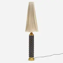 Floor lamp by Boréns, c. 1960, brass, enameled brass, silk, sold Aug 2023