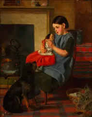 Portrait of a young girl with her doll and pet dog by a fire by Arthur Boyd Houghton, oil on canvas, sold Apr 2015
