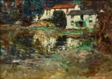 George Grosvenor Thomas, Cottages by a river, oil on board