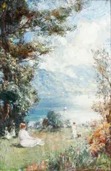 Impressionist landscape with figures by the lakeside by Robert Fowler, oil on canvas, sold Apr 2015
