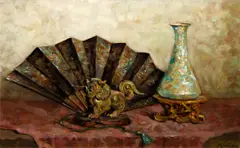 Still life of chinese works of art by Marie Weger, oil on board, sold Apr 2015