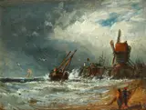 Coastal scene with windmill and boats by English School, oil on board, sold Apr 2015