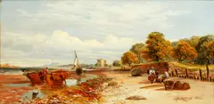 Fisherfolk on the shore before Barnbougle Castle by John MacPherson, oil on canvas, offered Apr 2015