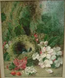 Still life of a birds nest, eggs, flowers and rose hips; Still life of a birds nest, eggs and flowers, a pair by Oliver Clare, oil on canvas, each, sold Apr 2015