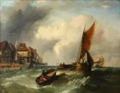 Fishing boats off a harbour by Alfred Montague, oil on canvas,, sold Apr 2015