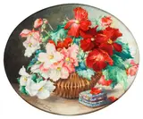 Begonias in a wicker basket by Juliette Goury, watercolour (oval), offered Apr 2015