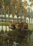 Barges at Sluys, Holland by Albert Edward Victor Lilley, oil on canvas, sold Apr 2015