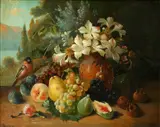 Still life study of a bullfinch with fruit and a vase of flowers by Continental School, oil on canvas,, offered Apr 2015