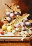 Plums, apples and a strawberry on a ledge by Oliver Clare, oil on board, sold Apr 2015