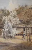 Figure in a Japanese landscape by Ishikawa Kinichiro, watercolour, offered Apr 2015
