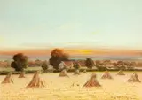 Harvest landscape by George Oyston, watercolour, offered Apr 2015