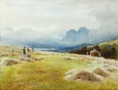 James Jackson Curnock, Haymaking - The Langdale Pikes, watercolour,