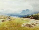 James Jackson Curnock, Haymaking - The Langdale Pikes, watercolour,