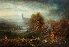 A mystical landscape with travellers by Tom Keating, sold Apr 2015