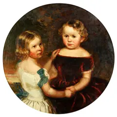 Thomas Walley, A double portrait of Ann Norman (1851-1934) and James Norman (1853-1902) as children, and another similar of Mary Norman (1856-1895) and John Norman, circular, a pair, oil on canvas