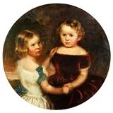 Thomas Walley, A double portrait of Ann Norman (1851-1934) and James Norman (1853-1902) as children, and another similar of Mary Norman (1856-1895) and John Norman, circular, a pair, oil on canvas