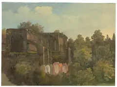 Kirchenruine im Wald (und 2 Beigaben) by Bernhard Fries, Öl auf Papier, sold Nov 2017