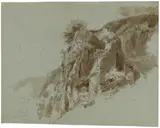 Studie zu Felsen am Neckarhang (Teufelskanzel) by Ernst Fries, 1833, Pinsel und Feder in Braun über Bleistift auf blaugrauem Papier, sold Nov 2017