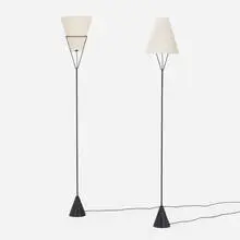 Floor lamps by Carl Auböck, c. 1950, enameled steel, linen, sold Aug 2023