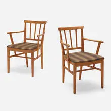 Armchairs, pair by Carl Malmsten, c. 1945, pine, upholstery, sold Aug 2023