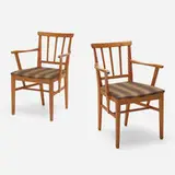 Armchairs, pair by Carl Malmsten, c. 1945, pine, upholstery, sold Aug 2023
