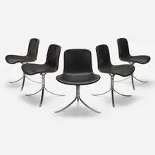 Poul Kjærholm, PK-9 chairs, set of eight, 1960, matte chrome-plated steel, leather