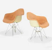 Chairs, pair by Modern, c. 1960, molded fiberglass, chrome-plated steel, microfiber, sold Aug 2023