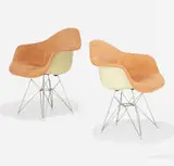 Chairs, pair by Modern, c. 1960, molded fiberglass, chrome-plated steel, microfiber, sold Aug 2023