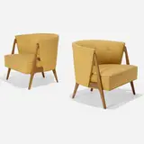 Lounge chairs, pair by Modern, c. 1955, upholstery, maple, sold Aug 2023