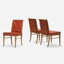 Dining chairs model 2673, set of three by Widdicomb, c. 1955, walnut, leather, brass, sold Aug 2023