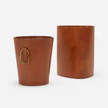Wastepaper baskets, pair by Carl Auböck, c. 1955, leather, brass, sold Aug 2023