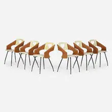 Dining chairs, set of six by Carlo Ratti, c. 1950, laminate over plywood, enameled steel, vinyl, brass, sold Aug 2023
