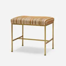 Bench by Paul McCobb, c. 1975, brass, leather, fabric, sold Aug 2023
