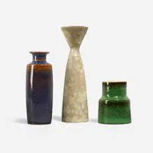 Collection of three vessels by Carl-Harry Stålhane, c. 1950, glazed stoneware, sold Aug 2023