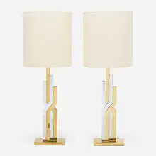 Table lamps, pair by Modern, c. 1970, brass, chrome-plated brass, linen shades, sold Aug 2023