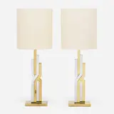 Table lamps, pair by Modern, c. 1970, brass, chrome-plated brass, linen shades, sold Aug 2023