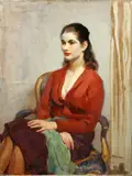 Portrait of a Young Lady in Floral Dress  to be sold together with a oil on canvas portrait of a lady seated in a red cardigan by the same hand by Walter Ernest Webster, oil on canvas, sold Apr 2015