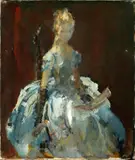 The Red Dress, to be sold together with three further unframed oil on canvas sketches of seated young ladies by the same hand by Walter Ernest Webster, oil on canvas, sold Apr 2015