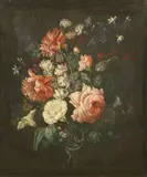 Convolvulus, carnations, roses, sweet peas and poppies in a vase by German School, oil on canvas, offered Apr 2015