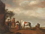 Figures outside an inn by Philips Wouwerman, oil on panel, offered Apr 2015